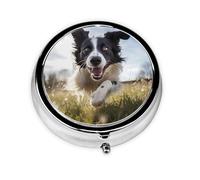 WZYWHJ Running Border Collie Printed Circular Medicine Box Storage, Portable Travel with compartments, mini Pill Dispenser