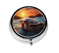 WZYWHJ sea Turtle Sunset Printing Circular Medicine Box Storage, Portable Travel with compartments, mini Pill Dispenser