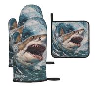 WZYWHJ Shark in The Waves Printed Oven Gloves and Pot Rack 3-Piece Set Thickened Long Kitchen mitt