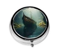 WZYWHJ Shipwreck at The Bottom of The Lake Printed Circular Medicine Box Storage, Portable Travel with compartments, mini Pill Dispenser