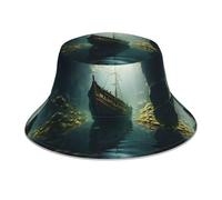 WZYWHJ Shipwreck at The Bottom of The Lake Printed Fisherman's hat, Double-Sided Reflective Outdoor Travel, Summer Beach Sun Cap Black