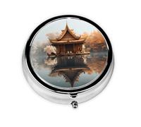 WZYWHJ Small pavilion on the lake Printed Circular medicine box storage, portable travel with compartments, mini pill dispenser