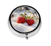WZYWHJ Small strawberries on the snow Printed Circular medicine box storage, portable travel with compartments, mini pill dispenser
