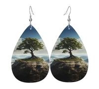 WZYWHJ Small tree on the mountain Printing Water droplet pendant earrings, leather earrings, Women's Fashion Items