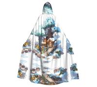 WZYWHJ Snow house next to fir tree Printed aldult Cosplay Poncho Hooded Cloak for men and women Halloween Party