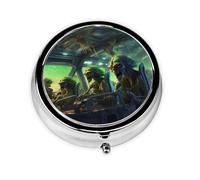 WZYWHJ Spaceship Alien Printed Circular medicine box storage, portable travel with compartments, mini pill dispenser