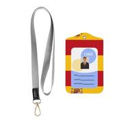 Wzywhj Spanish Flag Printing Work Badge Protective Sheath, Leather Identification Card Cover with Detachable Hanging Rope Set