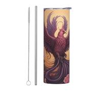 WZYWHJ Stainless Steel Mug 20oz for Coffee, Office, Car, Sports, and Home Use Straw Two-Piece Set Phoenix and Rose Picture