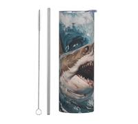 WZYWHJ Stainless Steel Mug 20oz for Coffee, Office, Car, Sports, and Home Use Straw Two-Piece Set Shark in The Waves Printing