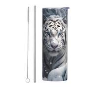 WZYWHJ Stainless Steel Mug 20oz - Quality Eco-Friendly Cup with Sealable Lid and Insulation Effect Straw Two-piece Set White tiger in the snow Printed