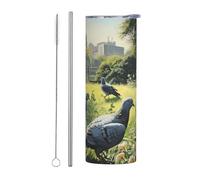 WZYWHJ Stainless Steel Mug 20oz - Quality Eco-Friendly Cup with Sealable Lid and Insulation Effect Straw Two-piece Set Pigeons on the grass Printed