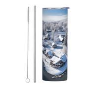 WZYWHJ Stainless Steel Mug 20oz - Quality Eco-Friendly Cup with Sealable Lid and Insulation Effect Straw Two-piece Set Village snow scene Printed