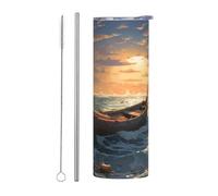 WZYWHJ Stainless Steel Mug 20oz - Quality Eco-Friendly Cup with Sealable Lid and Insulation Effect Straw Two-piece Set Bamboo raft on the sea Printing