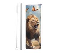 WZYWHJ Stainless Steel Mug 20oz - Quality Eco-Friendly Cup with Sealable Lid and Insulation Effect Straw Two-piece Set Lion catching butterflies Printing