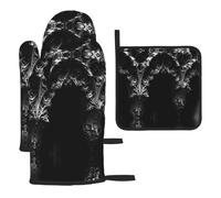 WZYWHJ Strange Buildings Pattern Oven Gloves and Pot Rack 3-Piece Set Thickened Long Kitchen mitt