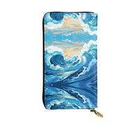WZYWHJ Stylish Cartoon Blue Waves Picture Leather Wallet - Long Clutch for Women, RDurable Material, 12 Card Slots, Zipper Compartments
