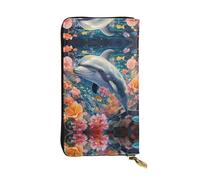WZYWHJ Stylish Dolphins in the sea of ​​flowers Printing Leather Wallet - Long Clutch for Women, RDurable Material, 12 Card Slots, Zipper Compartments