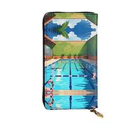 WZYWHJ Stylish Flamingo and swimming pool Printed Leather Wallet - Long Clutch for Women, RDurable Material, 12 Card Slots, Zipper Compartments, Black, One Size