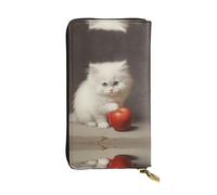 WZYWHJ Stylish Little white cat eating apple Printed Leather Wallet - Long Clutch for Women, RDurable Material, 12 Card Slots, Zipper Compartments