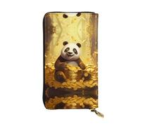 WZYWHJ Stylish Panda throwing gold coins Printed Leather Wallet - Long Clutch for Women, RDurable Material, 12 Card Slots, Zipper Compartments