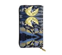 WZYWHJ Stylish Two Wolves Whistling at the Moon Printing Leather Wallet - Long Clutch for Women, RDurable Material, 12 Card Slots, Zipper Compartments, Black, One Size