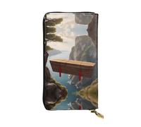 WZYWHJ Stylish Wooden coffin hanging from cliff Printed Leather Wallet - Long Clutch for Women, RDurable Material, 12 Card Slots, Zipper Compartments