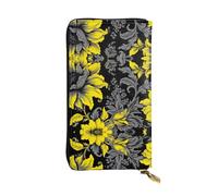 WZYWHJ Stylish Yellow Flowering Leaf Printing Leather Wallet - Long Clutch for Women, RDurable Material, 12 Card Slots, Zipper Compartments, Black, One Size