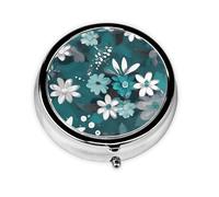 WZYWHJ Teal Grey and White Floral Printing Circular Medicine Box Storage, Portable Travel with compartments, mini Pill Dispenser