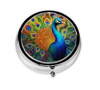 WZYWHJ The Majestic Peacock Pattern Circular Medicine Box Storage, Portable Travel with compartments, mini Pill Dispenser