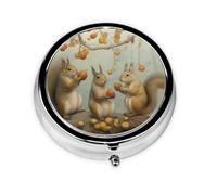 WZYWHJ Three Little Squirrels Picking Pears Printed Circular Medicine Box Storage, Portable Travel with compartments, mini Pill Dispenser