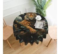 WZYWHJ Tiger behind the tree Printed Round long tablecloth anti overflow and wrinkle resistant dining table cloth 60 inches