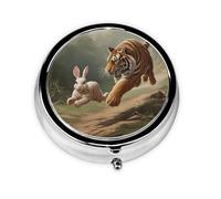WZYWHJ Tiger Chasing Rabbit Printed Circular Medicine Box Storage, Portable Travel with compartments, mini Pill Dispenser