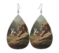 WZYWHJ tiger chasing rabbit Printed Ladies' leather earrings, simple water droplet pendant, fashionable holiday gift