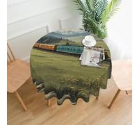 WZYWHJ Train running on the grassland Printed Round long tablecloth anti overflow and wrinkle resistant dining table cloth 60 inches