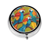 WZYWHJ Two Colored Parrots printing Circular medicine box storage, portable travel with compartments, mini pill dispenser