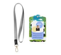 WZYWHJ Two Happy Pandas Prints Work Badge Protective Sheath, Leather Identification Card Cover with Detachable Hanging Rope Set