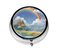 WZYWHJ Village Under The Rainbow Printed Circular Medicine Box Storage, Portable Travel with compartments, mini Pill Dispenser