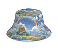 WZYWHJ Village Under The Rainbow Printed Fisherman's hat, Double-Sided Reflective Outdoor Travel, Summer Beach Sun Cap