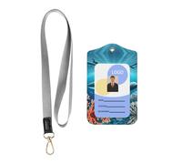 Wzywhj Whales Under The Sea Printing Work Badge Protective Sheath, Leather Identification Card Cover with Detachable Hanging Rope Set