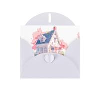 WZYWHJ White Holiday Greeting Card 6x4 in with Envelope for Christmas, Birthday, Valentine's Day, Party Invitation Pink cherry blossom house Printed