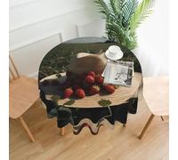 WZYWHJ Wild strawberries in a straw hat Printed Round long tablecloth anti overflow and wrinkle resistant dining table cloth 60 inches