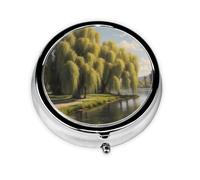 WZYWHJ Willow Trees by The Lake Printed Circular Medicine Box Storage, Portable Travel with compartments, mini Pill Dispenser
