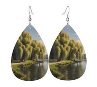 WZYWHJ Willow trees by the lake Printed Ladies' leather earrings, simple water droplet pendant, fashionable holiday gift