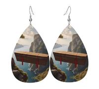 WZYWHJ Wooden coffin hanging from cliff Printed Ladies' leather earrings, simple water droplet pendant, fashionable holiday gift
