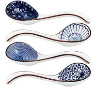 Wzyyee Asian Soup Spoons Set, Ceramic Soup Spoon Japanese Pho Miso Ramen Curries Spoons,Chinese Large Spoons Soup for Woton Noodles Dumpling Rice, Korean Long Handle Soup Spoon, 4 Pcs