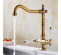 Wzyzii Kitchen Sink Mixer Taps, Dual Lever Cold and Hot Mixer Tap 360° Swivel Spout Sink Tap Traditional Antique Bronze Brass Classic Faucet Double Handle Deck Mounted for Kitchen Sink Replacement