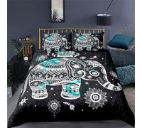 Wzzfcai Elephant Mandala Double Duvet Cover 200x200cm + 2 Pillowcases, Boho Black White Bedding Set with Zipper for Adult Men Kids Boys Girls Quilt Cover 3Pcs Elephant Gifts