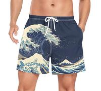 Wzzzsun Japanese Sea Wave Kanagawa Men's Swimming Shorts Quick Dry Trunks with Mesh Lining Beach Pants