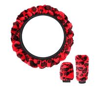 X AUTOHAUX Elastic Leopard Pattern Car Steering Wheel Cover Set Faux Fur Red