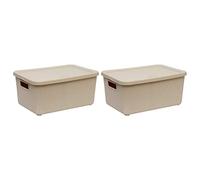 x Beige 14L Plastic Storage Boxes with Lids & Handles, Large Rectangular Stackable Ribbed Organiser Containers for Kitchen Cupboards, Wardrobes, Shelves & Home Storage
